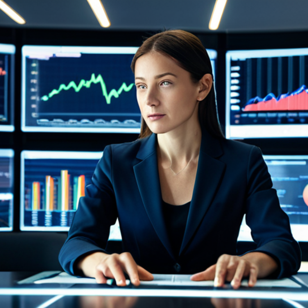 A professional female investor in a modest business suit, sitting confidently at a modern desk, surrounded by multiple glowing screens displaying complex financial charts and factor analysis data visualizations. Her hands are naturally placed on the keyboard, with well-formed fingers. The background features a blurred, futuristic office environment with subtle architectural lines. The scene is illuminated by soft, professional lighting. Perfect anatomy, correct proportions, natural pose, safe for work, appropriate content, fully clothed, professional dress, high quality, cinematic lighting.