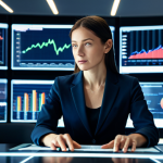 A professional female investor in a modest business suit, sitting confidently at a modern desk, surrounded by multiple glowing screens displaying complex financial charts and factor analysis data visualizations. Her hands are naturally placed on the keyboard, with well-formed fingers. The background features a blurred, futuristic office environment with subtle architectural lines. The scene is illuminated by soft, professional lighting. Perfect anatomy, correct proportions, natural pose, safe for work, appropriate content, fully clothed, professional dress, high quality, cinematic lighting.