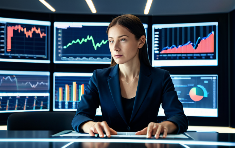 A professional female investor in a modest business suit, sitting confidently at a modern desk, surrounded by multiple glowing screens displaying complex financial charts and factor analysis data visualizations. Her hands are naturally placed on the keyboard, with well-formed fingers. The background features a blurred, futuristic office environment with subtle architectural lines. The scene is illuminated by soft, professional lighting. Perfect anatomy, correct proportions, natural pose, safe for work, appropriate content, fully clothed, professional dress, high quality, cinematic lighting.