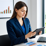 Balanced Investment Portfolio**

A serene scene depicting a meticulously organized investment portfolio. In the foreground, a businesswoman in a modest business suit examines a tablet displaying charts and graphs. The background shows a modern, bright office space with diverse assets represented abstractly (e.g., a small, healthy plant for growth stocks, a stable-looking building for real estate). The overall tone is calm and reassuring. fully clothed, safe for work, appropriate content, professional. Perfect anatomy, correct proportions, natural pose, well-formed hands, proper finger count, natural body proportions, high quality.

**