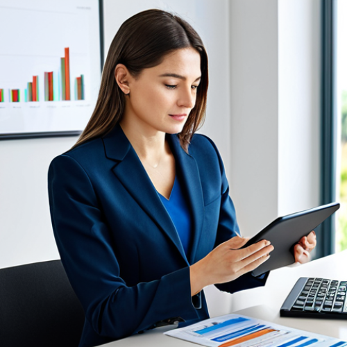 Balanced Investment Portfolio**

A serene scene depicting a meticulously organized investment portfolio. In the foreground, a businesswoman in a modest business suit examines a tablet displaying charts and graphs. The background shows a modern, bright office space with diverse assets represented abstractly (e.g., a small, healthy plant for growth stocks, a stable-looking building for real estate). The overall tone is calm and reassuring. fully clothed, safe for work, appropriate content, professional. Perfect anatomy, correct proportions, natural pose, well-formed hands, proper finger count, natural body proportions, high quality.

**