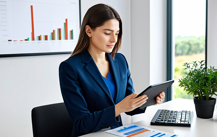 Balanced Investment Portfolio**

A serene scene depicting a meticulously organized investment portfolio. In the foreground, a businesswoman in a modest business suit examines a tablet displaying charts and graphs. The background shows a modern, bright office space with diverse assets represented abstractly (e.g., a small, healthy plant for growth stocks, a stable-looking building for real estate). The overall tone is calm and reassuring. fully clothed, safe for work, appropriate content, professional. Perfect anatomy, correct proportions, natural pose, well-formed hands, proper finger count, natural body proportions, high quality.

**