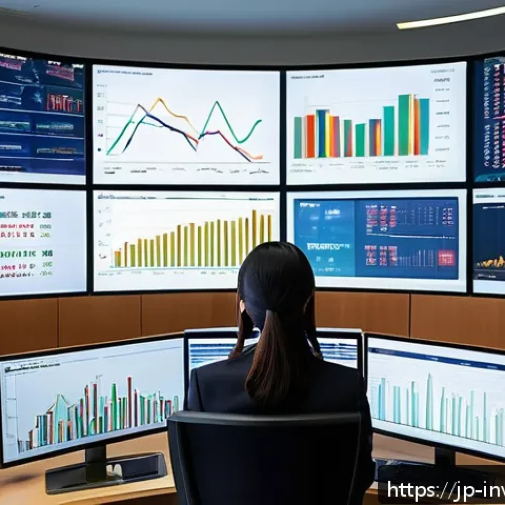 팩터 투자에서의 시장 타이밍 전략 - A sophisticated Japanese office setting where a young professional woman in business attire is analy...